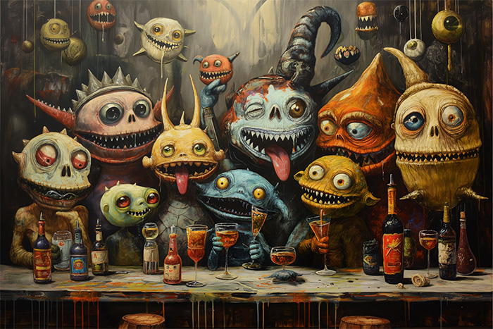 A group of colourful, cartoonish monsters with exaggerated features sit at a table filled with bottles and glasses in a bar setting, posing and making silly faces. Surreal art print available in A1 to A4 sizes.