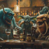 Four large, colourful monsters with horns and fangs sit at a bar, drinking and socializing, with bottles and glasses on the counter in front of them. Surreal art print available in A1 to A4 sizes.