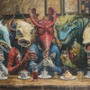 Five humanoid creatures with reptilian and alien features sit at a bar, each holding a drink, surrounded by glasses, cups, and bottles in a dimly lit setting. Surreal art print available in A1 to A4 sizes.