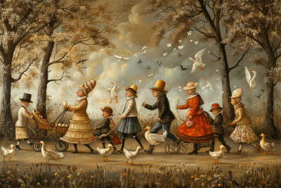 A group of people in vintage clothing walk through a park with geese and ducks, surrounded by trees and flying birds on a cloudy day. Surreal art print available in A1 to A4 sizes.
