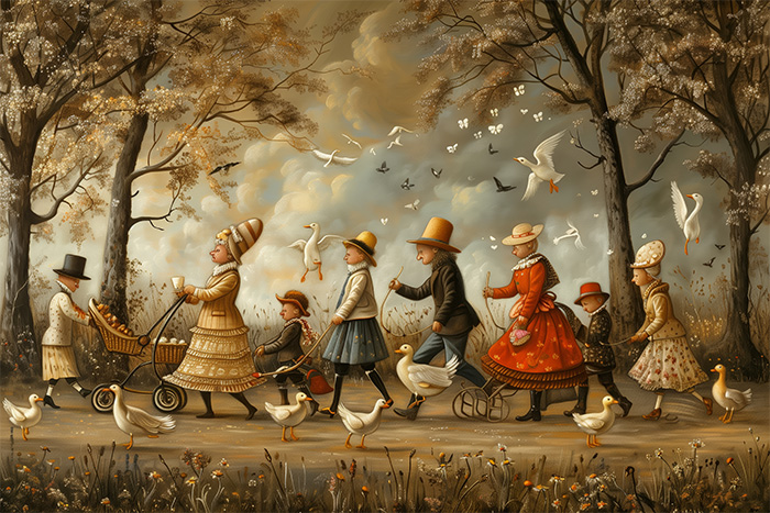 product-image-3-2 A group of people in vintage clothing walk through a park with geese and ducks, surrounded by trees and flying birds on a cloudy day. Surreal art print available in A1 to A4 sizes.