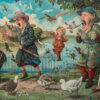 A surreal scene of two elderly women, two children, and various birds all yelling near a pond, with ducks and geese in the foreground and historic buildings in the background. Surreal art print available in A1 to A4 sizes.