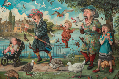 A surreal scene of two elderly women, two children, and various birds all yelling near a pond, with ducks and geese in the foreground and historic buildings in the background. Surreal art print available in A1 to A4 sizes.
