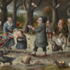 A whimsical park scene with elderly women, children, various birds, and animals engaging in playful activities under trees, with a small building visible in the background. Surreal art print available in A1 to A4 sizes.