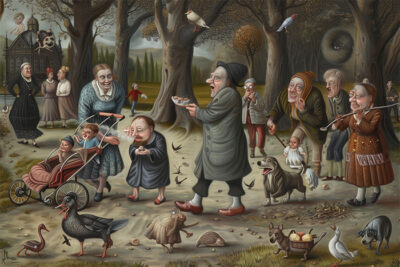 A whimsical park scene with elderly women, children, various birds, and animals engaging in playful activities under trees, with a small building visible in the background. Surreal art print available in A1 to A4 sizes.