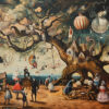 A surreal scene with people in vintage clothing, bizarre creatures, and oversized insects around a large twisted tree with a house in its branches under a cloudy sky. Surreal art print available in A1 to A4 sizes.