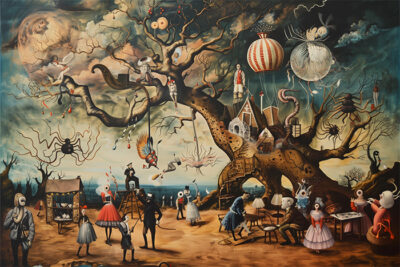 A surreal scene with people in vintage clothing, bizarre creatures, and oversized insects around a large twisted tree with a house in its branches under a cloudy sky. Surreal art print available in A1 to A4 sizes.