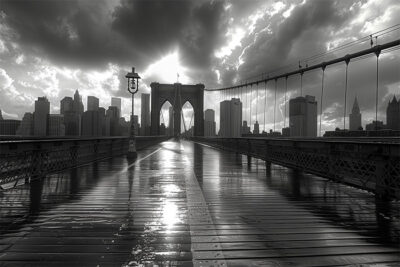 Wet Brooklyn Bridge in black and white, with dramatic clouds and sunlight breaking through over the Manhattan skyline in the background. Wall art print available in A1 to A4 sizes.