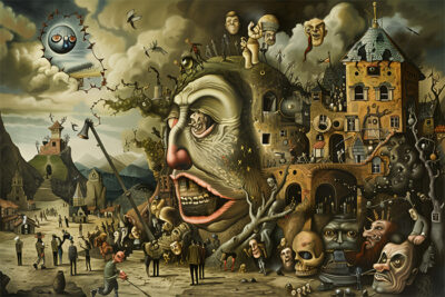A surreal scene with distorted human faces, bizarre buildings, and various figures in an imaginative, dreamlike landscape under a cloudy sky. Surreal art print available in A1 to A4 sizes.