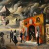 A surreal scene with people in old-fashioned clothing, a floating wooden structure, distorted buildings, and various fantastical elements under a cloudy sky. Surreal art print available in A1 to A4 sizes.