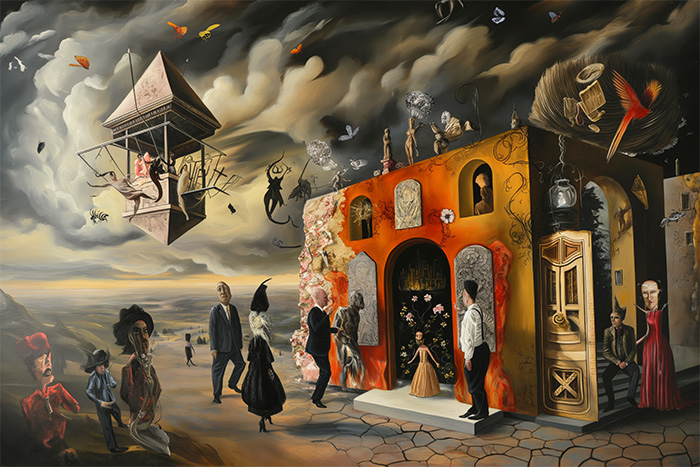 product-image-3-2 A surreal scene with people in old-fashioned clothing, a floating wooden structure, distorted buildings, and various fantastical elements under a cloudy sky. Surreal art print available in A1 to A4 sizes.