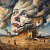 A large, cracked human face emerges from the ground amid clouds and smoke, with small houses and people scattered across a barren landscape. Surreal art print available in A1 to A4 sizes.