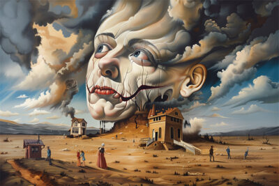 A large, cracked human face emerges from the ground amid clouds and smoke, with small houses and people scattered across a barren landscape. Surreal art print available in A1 to A4 sizes.