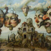 Surreal painting of large, expressive human faces floating in the sky above an old, detailed church with figures in historical clothing standing on the ground below. Surreal art print available in A1 to A4 sizes.