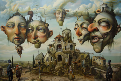 Surreal painting of large, expressive human faces floating in the sky above an old, detailed church with figures in historical clothing standing on the ground below. Surreal art print available in A1 to A4 sizes.