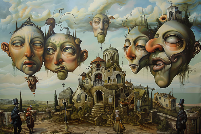 product-image-3-2 Surreal painting of large, expressive human faces floating in the sky above an old, detailed church with figures in historical clothing standing on the ground below. Surreal art print available in A1 to A4 sizes.