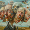 A surreal painting featuring multiple interconnected human heads, some merging with skulls and birds, set against a landscape with clouds, birds, and small figures in the background. Surreal art print available in A1 to A4 sizes.