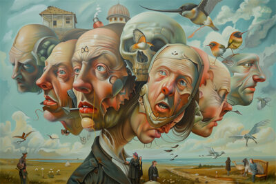 A surreal painting featuring multiple interconnected human heads, some merging with skulls and birds, set against a landscape with clouds, birds, and small figures in the background. Surreal art print available in A1 to A4 sizes.