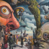 A surreal scene with large, distorted faces, peculiar humanoid figures, floating objects, and an unusual sky with clouds and a distant moon. Surreal art print available in A1 to A4 sizes.