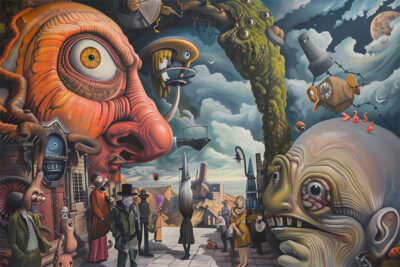 A surreal scene with large, distorted faces, peculiar humanoid figures, floating objects, and an unusual sky with clouds and a distant moon. Surreal art print available in A1 to A4 sizes.