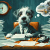 A dog in a suit sits at a desk covered with papers, looking stressed. A clock shows 5:45, and a thought bubble shows the dog imagining relaxing at the beach with a drink. Funny poster available in A1 to A4 sizes.