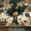 A person with disheveled hair stands in a messy kitchen with food splattered everywhere, pans and utensils scattered, beneath a sign on the wall reading “An organized kitchen is an organized life!”—a clear call for better kitchen organization. Funny poster available in A1 to A4 sizes.