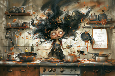 A person with disheveled hair stands in a messy kitchen with food splattered everywhere, pans and utensils scattered, beneath a sign on the wall reading “An organized kitchen is an organized life!”—a clear call for better kitchen organization. Funny poster available in A1 to A4 sizes.