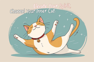 Illustration of an orange and white cat doing yoga, with the text "Elevate Your Spirit, Channel your Inner Cat" in the background. Funny poster available in A1 to A4 sizes.