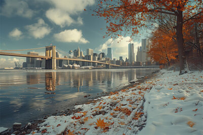 View of a city skyline and bridge across a river, with autumn trees and fallen leaves alongside snow on the ground under a partly cloudy sky. Wall art print available in A1 to A4 sizes.