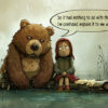 A grumpy-looking girl in a red hood and a large bear sit on a log by the water in the rain. A speech bubble above the bear reads "So it had nothing to do with the bear? I'm confused, explain it to me again..." Funny poster available in A1 to A4 sizes.