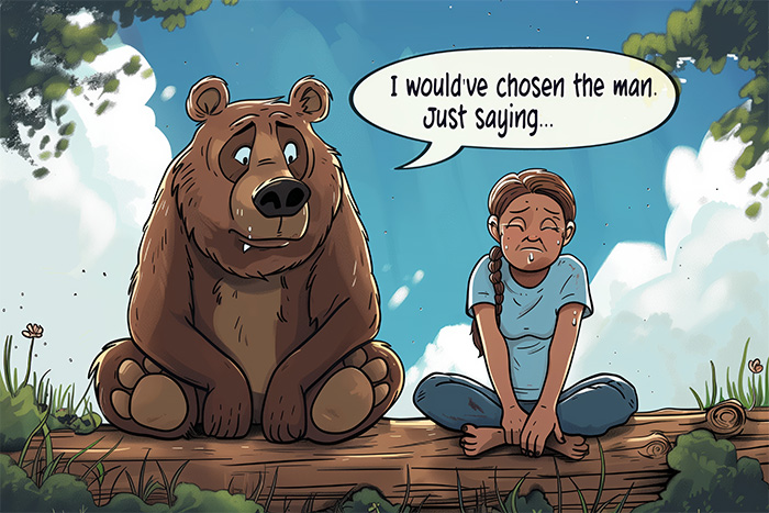 product-image-3-2 A bear and a girl sit on a log; the bear says, "I would've chosen the man. Just saying." The girl appears grumpy. Funny poster available in A1 to A4 sizes.