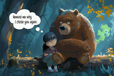 A grumpy girl sits on a fallen log next to a large grumpy bear in a forest. The girl is thinking, Remind me why I chose you again... Funny poster available in A1 to A4 sizes.
