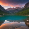 A calm turquoise lake reflects mountain peaks and a colourful sunset sky, surrounded by dense green forest and rocky shoreline. Nature and landscape print available in A1 to A4 sizes.