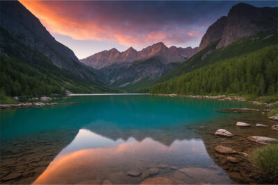A calm turquoise lake reflects mountain peaks and a colourful sunset sky, surrounded by dense green forest and rocky shoreline. Nature and landscape print available in A1 to A4 sizes.