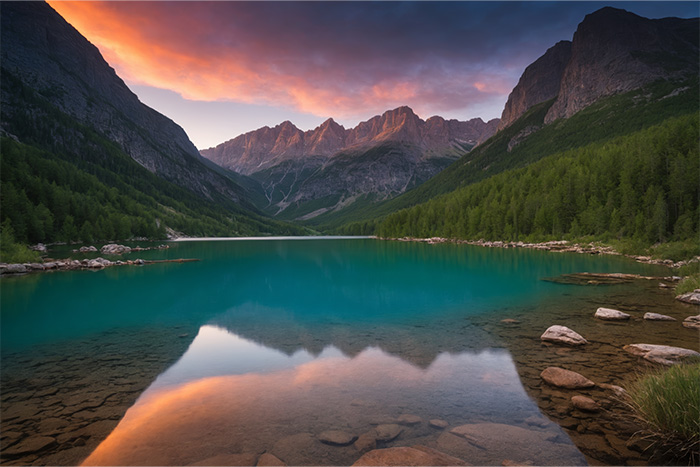 product-image-3-2 A calm turquoise lake reflects mountain peaks and a colourful sunset sky, surrounded by dense green forest and rocky shoreline. Nature and landscape print available in A1 to A4 sizes.