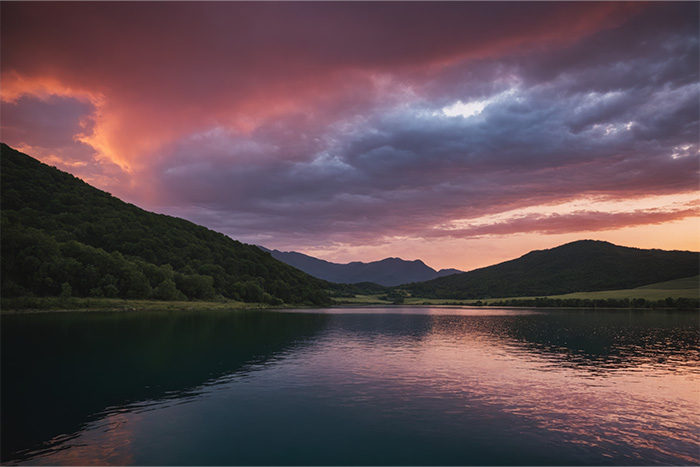 A lake surrounded by hills under a dramatic, colourful sunset sky with clouds reflecting on the water. Nature and landscape print available in A1 to A4 sizes.