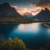 A calm lake surrounded by green trees and tall, rugged mountains at sunset, with clouds illuminated by the sun in the background. Nature and landscape print available in A1 to A4 sizes.