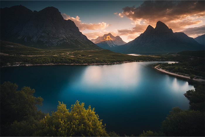 A calm lake surrounded by green trees and tall, rugged mountains at sunset, with clouds illuminated by the sun in the background. Nature and landscape print available in A1 to A4 sizes.