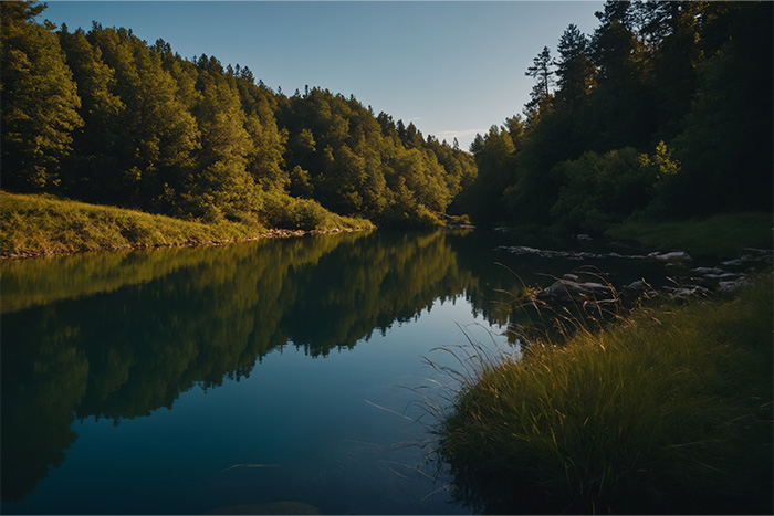 A calm river flows between forested hills, reflecting trees and sky in still water under soft daylight. Nature and landscape print available in A1 to A4 sizes.