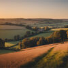 Rolling farmland with fields, hedgerows, and scattered trees at sunset, viewed from a hill under a clear sky. Nature and landscape print available in A1 to A4 sizes.