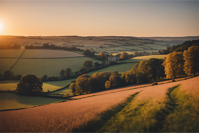 Rolling farmland with fields, hedgerows, and scattered trees at sunset, viewed from a hill under a clear sky. Nature and landscape print available in A1 to A4 sizes.