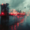 Brooklyn Bridge and New York City skyline at night, illuminated by red lights and partially obscured by fog, reflecting on the East River. Wall art print available in A1 to A4 sizes.