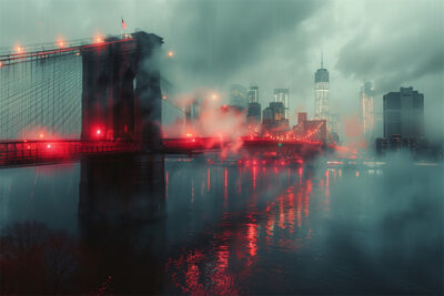 Brooklyn Bridge and New York City skyline at night, illuminated by red lights and partially obscured by fog, reflecting on the East River. Wall art print available in A1 to A4 sizes.
