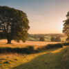 A grassy path runs through a sunlit countryside field with large trees and rolling hills in the background at sunset. Nature and landscape print available in A1 to A4 sizes.