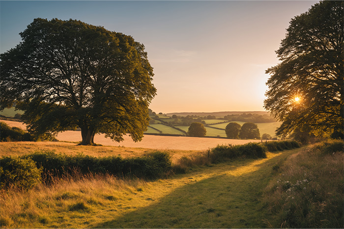 A grassy path runs through a sunlit countryside field with large trees and rolling hills in the background at sunset. Nature and landscape print available in A1 to A4 sizes.