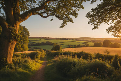 A dirt path winds through green fields and hedgerows at sunset, with a large tree in the foreground and rolling hills in the distance. Nature and landscape print available in A1 to A4 sizes.