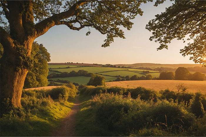 A dirt path winds through green fields and hedgerows at sunset, with a large tree in the foreground and rolling hills in the distance. Nature and landscape print available in A1 to A4 sizes.