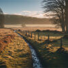 A narrow stream runs through a grassy field bordered by a fence, with leafless trees and rolling hills under a partly cloudy sky at sunrise or sunset. Nature and landscape print available in A1 to A4 sizes.