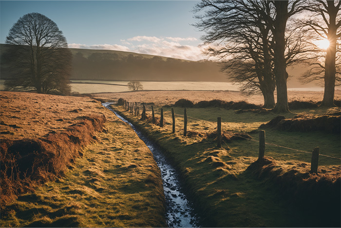 A narrow stream runs through a grassy field bordered by a fence, with leafless trees and rolling hills under a partly cloudy sky at sunrise or sunset. Nature and landscape print available in A1 to A4 sizes.