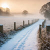 A snow-covered path winds through a frosty field at sunrise, bordered by wooden posts and wire fencing, with bare trees silhouetted against a misty sky. Nature and landscape print available in A1 to A4 sizes.